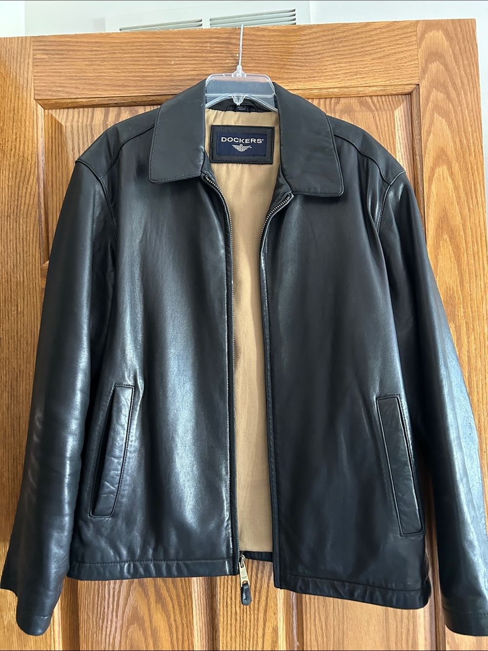 Dockers Black Leather Zip-Front Jacket with Tan Lining